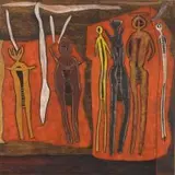 Mythical Figures by Cecil Skotnes, carved, painted and incised wood panel, sold Mar 2009