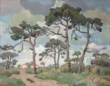 Firs on a Grey Day, Kenilworth - Dennebome, Kenilworth by Gregoire Boonzaier, oil on canvas, sold Mar 2009