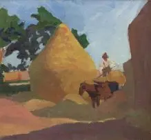 Ruth Everard Haden, A Horse and Figure with Haystack, oil on canvasboard