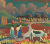 Maggie Laubser, Huts, Two Figures carrying Calabashes and a Cow