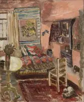 Freida Lock, Kitchen Interior with a Red Carpet, oil on board