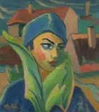 Maggie Laubser, Composition with Head, Foliage and Huts