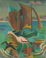 Maggie Laubser, Fishing Boats, oil on board