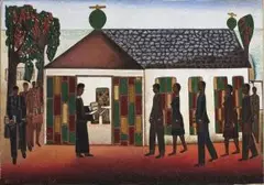Alfred Thoba, A Pastor Welcoming the Congregation, oil on paper laid down on canvas, laid down on board