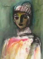 Carl Büchner, A Young Boy wearing a Hat, mixed media on paper laid down on board