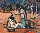 Congolese Water Carriers by Maurice van Essche, oil on board, offered Sep 2009