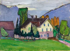 Gabriele Münter, "Bauernhaus bei Regen", Öl auf Malkarton