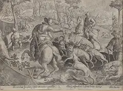 Jan van der Straet, A Wolf Hunt Scene with Dogs, Engraving on laid paper