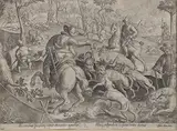 Jan van der Straet, A Wolf Hunt Scene with Dogs, Engraving on laid paper