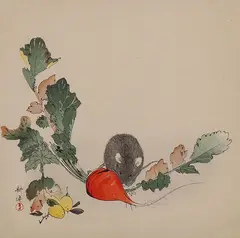 Kōgyo Tsukioka, Rat and Radish, Color woodblock with gofun highlights