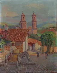 Julio Castellanos, View of Taxco Mexico with Figures, Oil on canvas
