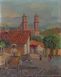 Julio Castellanos, View of Taxco Mexico with Figures, Oil on canvas