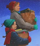 Michael Garland, Mother & Child Carrying Christmas Gifts - 1996 & Children Sledding at Christmas, 1995, Oil on cold press illustration board, unframed, and Acrylic on cold press illustration board, unframed