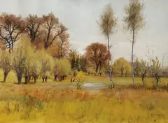 Jules Crosnier, Early Spring Landscape Near Meadow, Watercolor and gouache