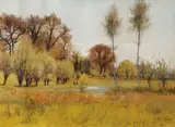 Jules Crosnier, Early Spring Landscape Near Meadow, Watercolor and gouache