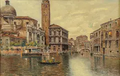 View of a Venetian Canal by Antonio Reyna Manescau, Oil on canvas laid down, sold Jun 2020