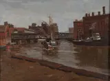 Tugboats by American School, Oil on canvas, sold Jun 2020