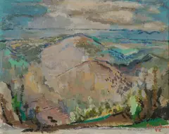 Atmospheric Landscape- by Adrian J. Dornbush, Oil on artist board, sold Jun 2020