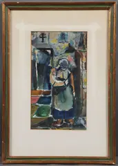 Efthymios Warlamis, A Woman Blessing Herself Inside a Greek Church, Watercolor and rice paper (mixed media)