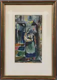 Efthymios Warlamis, A Woman Blessing Herself Inside a Greek Church, Watercolor and rice paper (mixed media)