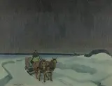 Cameron Booth, Nocturnal Winter Landscape Hauling Wood-, Oil on canvas