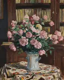 Albert André, Bouquet of Roses in Front of a Library, Oil on canvas