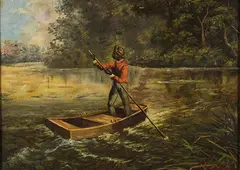 A.L. Moore, A Young Black Boy Punting Along the Shore -, Oil on Devoe Academy board