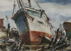 At Dock & Adrift by James Sessions, Watercolor, sold Nov 2019