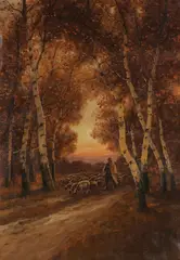 Hungarian School, A Shephard at Dusk in a Wooded Landscape, Oil on canvas