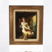 Georg Papperitz, Lady Seated with a Mandolin and Dove, oil on panel