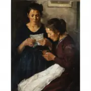Conrad Pfau, An Interior Scene with a Woman Reading a Letter and Another Crocheting, oil on canvas