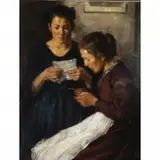Conrad Pfau, An Interior Scene with a Woman Reading a Letter and Another Crocheting, oil on canvas