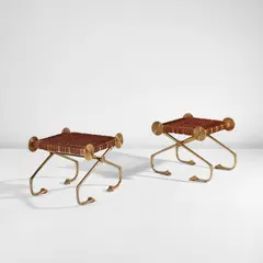 T. H. Robsjohn-Gibbings, Pair of stools, model no. 26, circa 1972, Bronze, walnut, leather