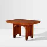 Eugène Printz, Extendable dining table, circa 1934, Walnut, walnut-veneered wood, mahogany-veneered wood, patinated brass
