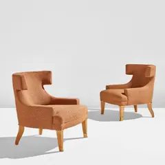Jacques Quinet, Pair of armchairs, circa 1950, Sycamore, gilt bronze, fabric upholstery