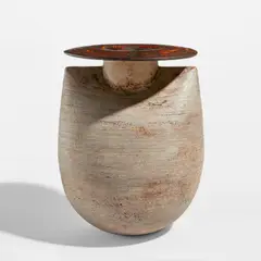 Hans Coper, "Sack and Disc" form, 1968, Stoneware, layered porcelain slips and engobes over a textured body, the disc and interior with a manganese glaze