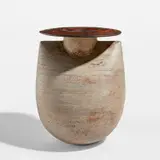 Hans Coper, "Sack and Disc" form, 1968, Stoneware, layered porcelain slips and engobes over a textured body, the disc and interior with a manganese glaze