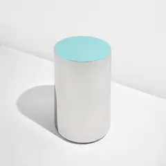 "G.V." side table by Martin Szekely, 2004, Stainless steel, lacquered stainless steel, sold Dec 2023