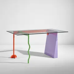 "Peninsula" table by Peter Shire, circa 1982, Painted metal, painted wood, glass, sold Feb 2022