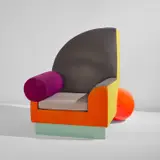 Peter Shire, Rare "Bel Air" armchair, 1982, Lacquered wood, fiberglass, fabric upholstery