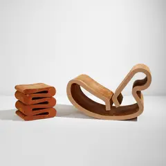Frank Gehry, "Wiggle" stool and "Contour" rocker, from the "Easy Edges" series, circa 1972, Corrugated cardboard, Masonite