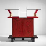 "Freemont" sideboard by Ettore Sottsass, circa 1985, Stained wood, stained veneered wood, painted wood, laminate-covered wood, gilded wood, offered Feb 2022