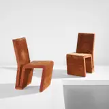 Pair of side chairs, from the "Easy Edges" series by Frank Gehry, circa 1972, Corrugated cardboard, Masonite, sold Feb 2022