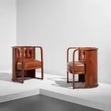 Pair of armchairs, model no. 421 by Josef Hoffmann, circa 1907, Beech, beech-veneered wood, brass, leather upholstery, sold Feb 2022