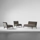 T. H. Robsjohn-Gibbings, Sofa and pair of slipper chairs, 20th century, Painted wood, velvet upholstery