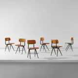Friso Kramer and Wim Rietveld, Set of six "Result" side chairs, from the Catholic University of Nijmegen, the Netherlands, designed 1953, manufactured 1964-1973, Beech plywood, painted steel