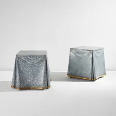 John Dickinson, Pair of "Draped" tables, designed 1972, produced 1970s, Galvanized steel, brass