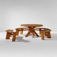 Table, model no. T21 D, and four benches, model no. S38 by Pierre Chapo, circa 1973, Ash, sold Jun 2022