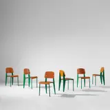 Set of six "Semi-metal" chairs, model no. 305 by Jean Prouvé, designed 1950, produced 1950-1969, Beech-veneered plywood, painted steel, rubber, sold Jun 2022