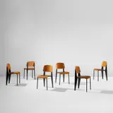 Set of six "Semi-metal" chairs, model no. 305 by Jean Prouvé, designed 1950, produced 1950-1969, Beech-veneered plywood, painted steel, rubber, sold Jun 2022